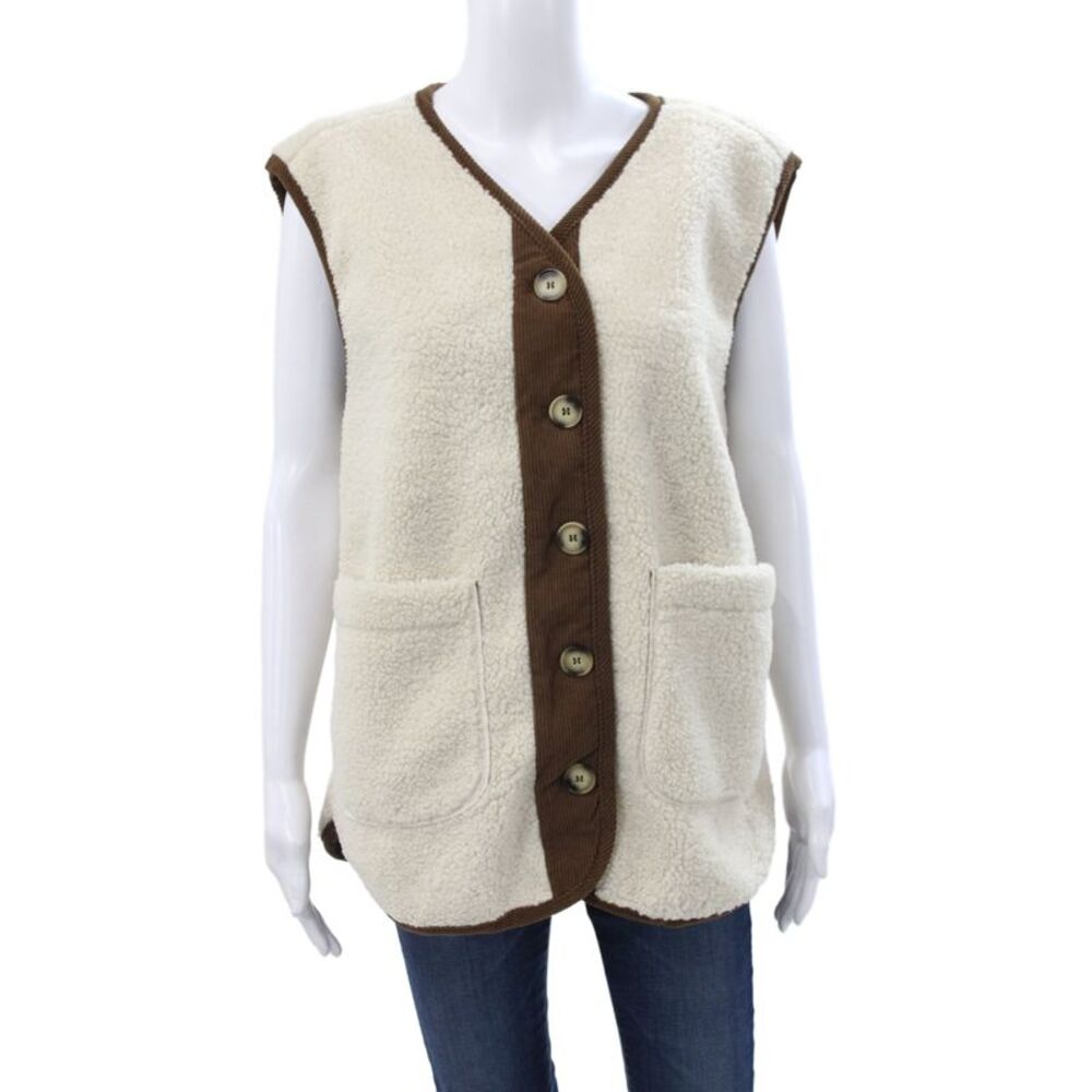 Klesis Womens Basic Jacket Sleeveless Beige Button Polyester Casual Size M